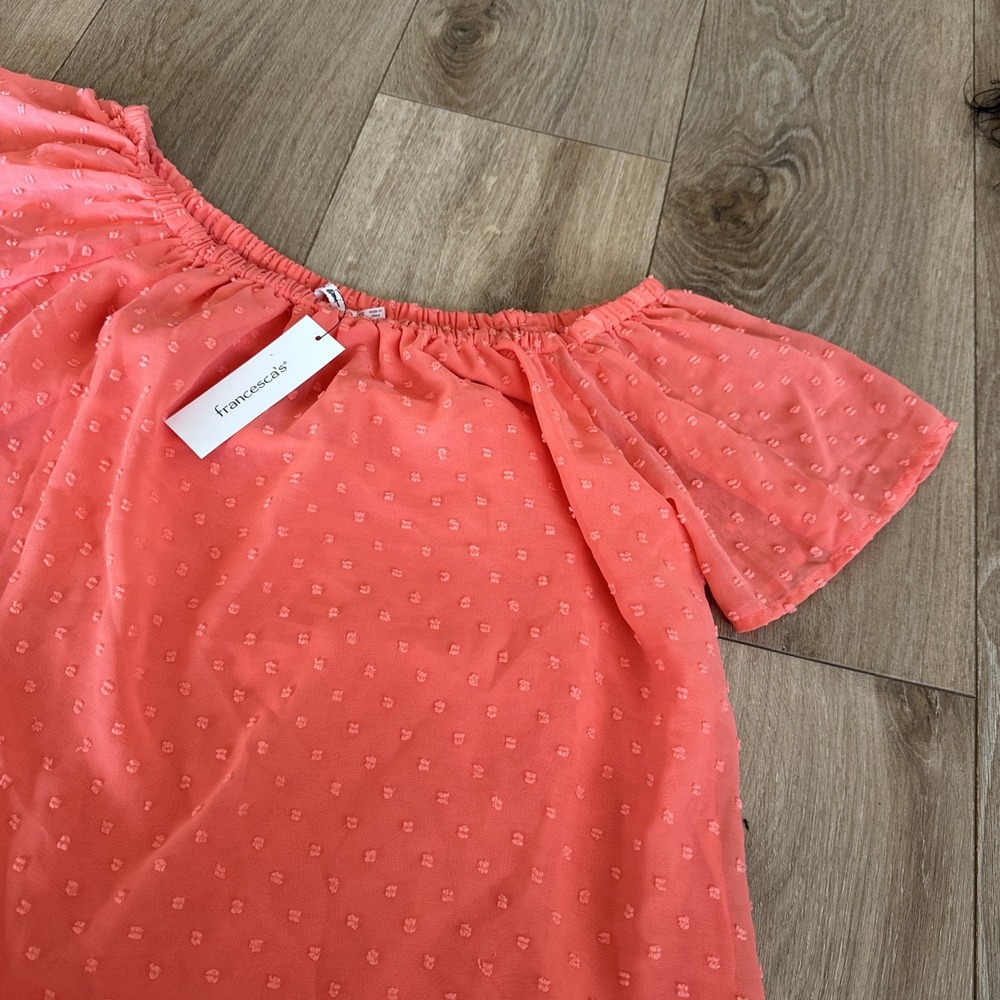 Francesca's Mi Ami Women's Coral Short‎ Sleeve Sheer Lined Off Shoulder Top XS
